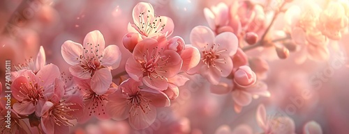 Pink cherry blossoms against soft  glowing backdrop  embodying essence of spring