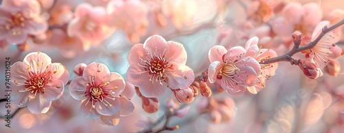 Vivid pink cherry blossoms in sharp detail, bokeh background emphasizing delicate nature of spring