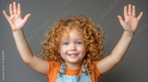 Joyful child with curly hair smiling and raising hands  studio portrait