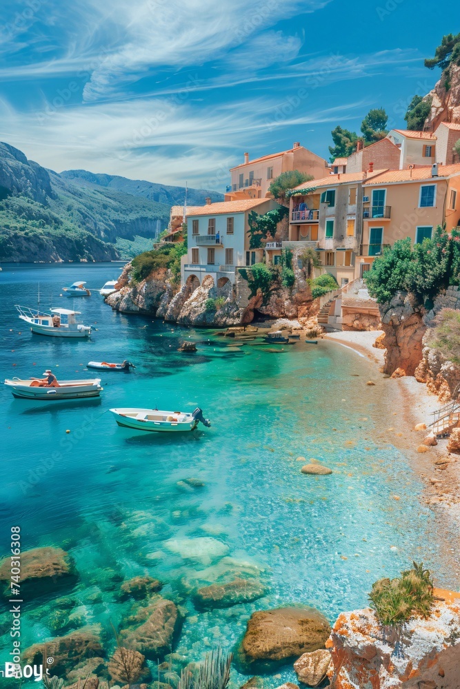 Vibrant seaside town terracotta roofs, azure waters and boats, under streaked blue sky, wide angle view