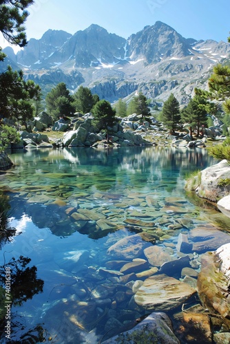 Crystal clear mountain lake surrounded by rocky terrain and pine trees under blue sky