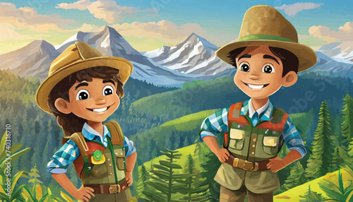 Animated Young Explorers on Mountain Adventure
Two animated characters enjoying a cheerful adventure in a stunning mountainous forest landscape.
