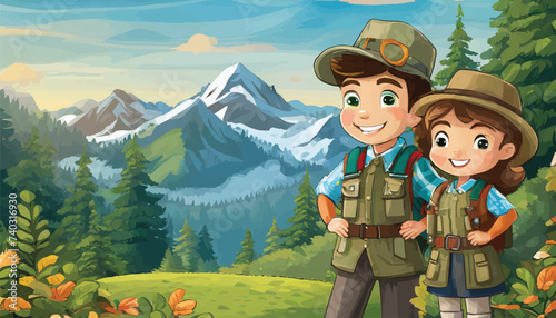 Animated Young Explorers on Mountain Adventure
Two animated characters enjoying a cheerful adventure in a stunning mountainous forest landscape.
