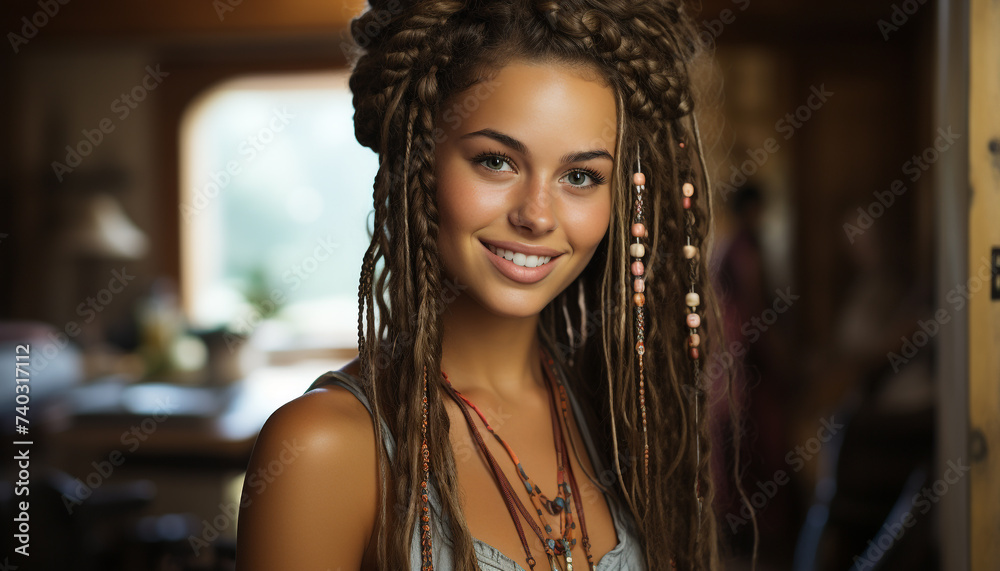A beautiful woman smiling, looking at camera, indoors, confident generated by AI A beautiful woman smiling, looking at camera, indoors, confident generated by AI