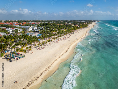 Mexico - Playa del Carmen - Amazing white sandy beach with luxury hotels from aerial view