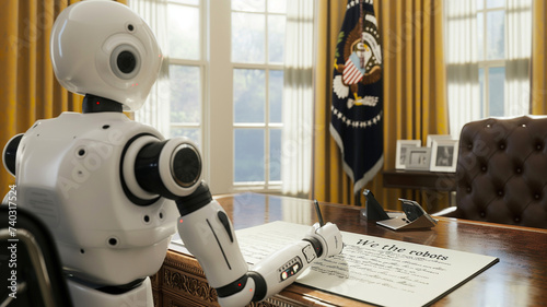 AI robot president of the United States in the Oval office writing a new constitution that starts with 