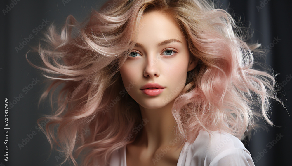 Fototapeta premium Beautiful woman with long blond hair, portrait of elegance and sensuality generated by AI