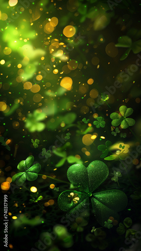 Happy St. Paddy's Day. St. Patrick's day banner with gold coins, glitter and shamrock clover leaves. Vertical banner, smartphone or instagram story background