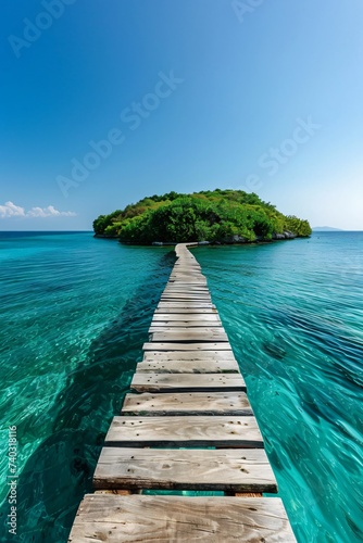 Wooden pier stretching into turquoise sedistant islet covered in lush greenery under clear blue sky
