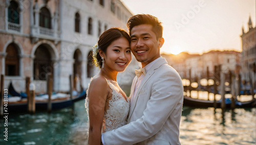 Bella coppia di sposi di origine asiatica in vacanza in Italia a Venezia posa per una foto al tramonto vicino ad un canale con gli abiti del matrimonio, luna di miele photo