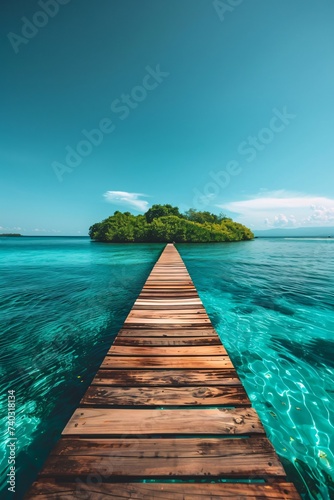 Narrow wooden dock extends to small island amidst calm azure waters under sunny blue sky