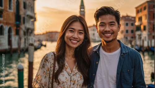 Bella coppia di fidanzati di origine asiatica, marito e moglie,  in vacanza in Italia a Venezia posa per una foto al tramonto vicino ad un canale, luna di miele photo