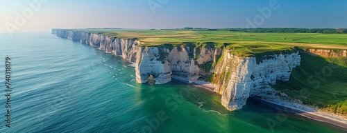 Sunlit white cliffs stand out against emerald sea, green fields above and clear sky photo