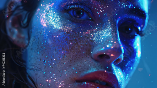 Portrait of a beautiful young woman with shining glitter and particles on her face. Concept of make-up  cosmetics  skin care  beauty  anti aging. Copy space for text  message  advertising