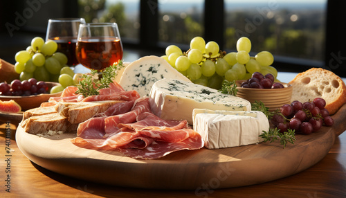 A gourmet meal with wine, bread, fruit, and meat generated by AI
