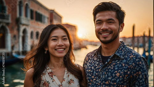 Bella coppia di fidanzati di origine asiatica, marito e moglie,  in vacanza in Italia a Venezia posa per una foto al tramonto vicino ad un canale, luna di miele photo