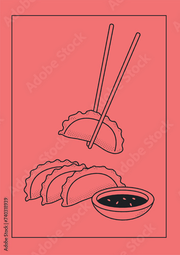 Chinese dumplings with soy sauce and chopsticks. vector illustration of line. poster red background