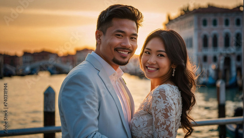 Bella coppia di sposi di origine asiatica in vacanza in Italia a Venezia posa per una foto al tramonto vicino ad un canale con gli abiti del matrimonio, luna di miele photo