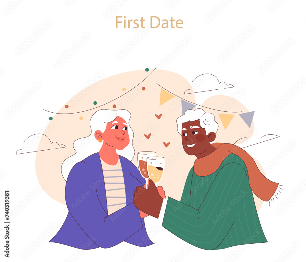 First date. Joyful elderly couple sharing a toast on their first date