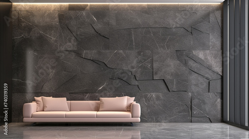 A minimalist living area with a wall displaying a 3D pattern of polished granite blocks in charcoal, 