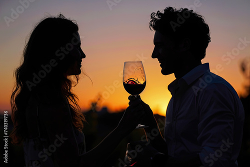 Pareja de enamorados brindando con copas de vino al atardecer en la naturaleza photo