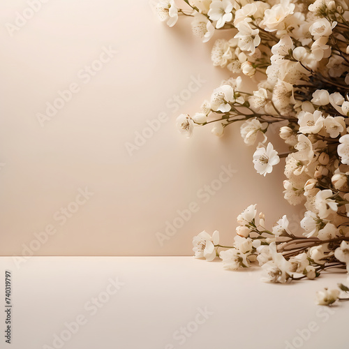 Bouquet of white flowers on a beige background. Copy space.