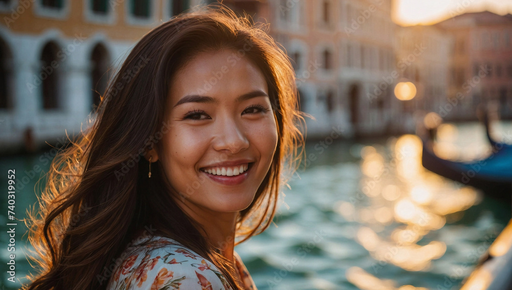 Bella donna di origini asiatiche in vacanza in Italia a Venezia posa per una foto al tramonto vicino ad un canale - obrazy, fototapety, plakaty 