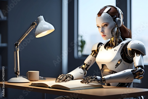 robot woman reading a book, artificial intelligence training