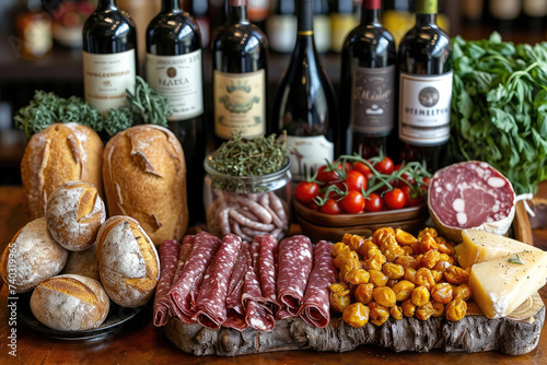 Bodegón con botellas de vino, queso, chorizo, productos artesanales Españoles, gastronomía mediterránea