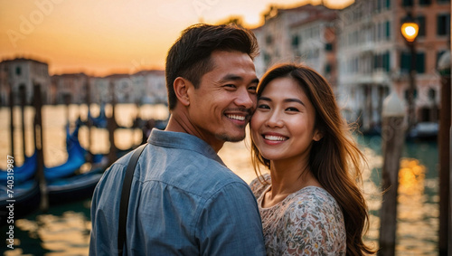 Bella coppia di fidanzati di origine asiatica, marito e moglie, in vacanza in Italia a Venezia posa per una foto al tramonto vicino ad un canale, luna di miele