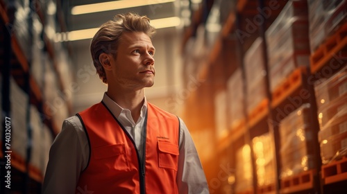 Man in Orange Vest Standing in Warehouse