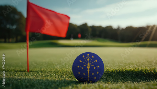 Golf ball with Indiana flag on green lawn or field, most popular sport in the world photo