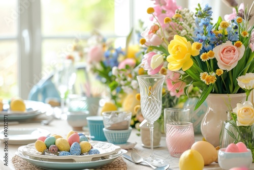 A delicate Easter table arrangement featuring pastel eggs, fine china, and a bouquet of spring flowers for a festive celebration..