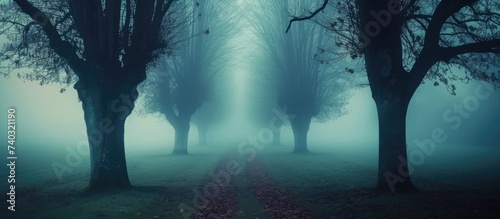 A surreal atmosphere is created by the misty trees standing tall in a foggy forest alley.