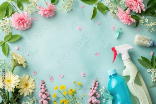 An overhead view of colorful cleaning bottles interspersed with vibrant spring flowers on a pastel blue background, symbolizing spring cleaning #740321335