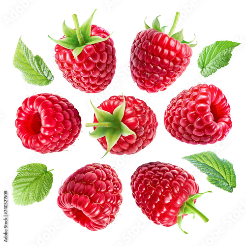 Seven ripe raspberries arranged in a circle with leaves, isolated on a white background