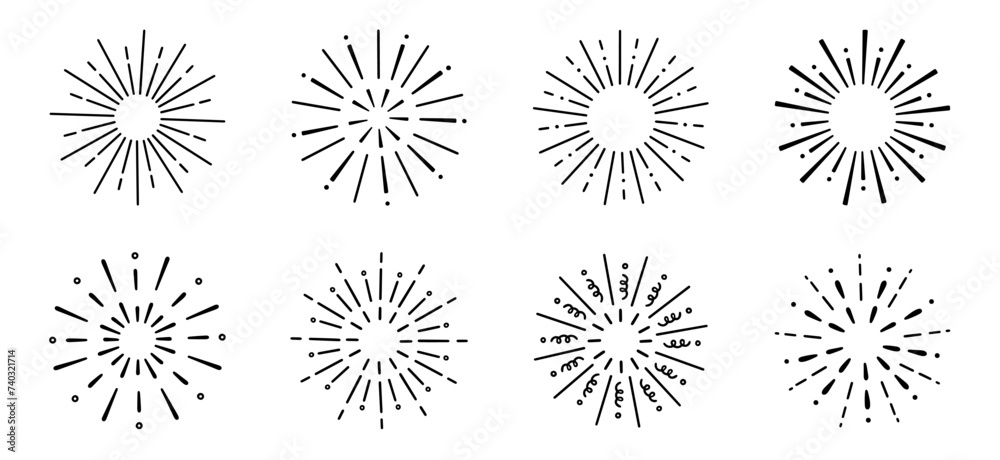 Fireworks, star burst doodle set. Festive fireckrackers, sunburst explosion, Sparkles in sketch style. Hand drawn vector illustration isolated on white background Fireworks, star burst doodle set. Festive fireckrackers, sunburst explosion, Sparkles in sketch style. Hand drawn vector illustration isolated on white background