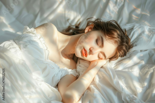 Beautiful girl sleeps in the bedroom.