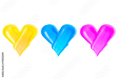 Swatches of colorful nail polish in heart shape isolated on white background. Nail polish sample in yellow, blue and pink color