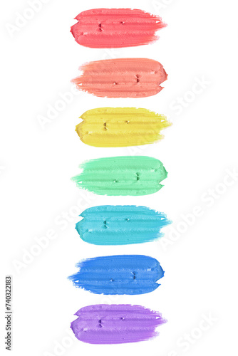 Colorful clay mask smears smudge in rainbow colors isolated on white background. Cream texture in red, orange, yellow, green, blue, indigo, violet colors. Skincare beauty product swatch, macro. photo