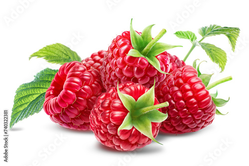 Group of ripe juicy raspberries with leaves isolated on white background