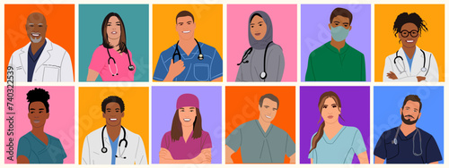 Diverse Multiethnic doctor, nurses avatars. Medical team, healthcare personnel, female male hospital staff vector character faces. Multiracial Medic workers in uniform scrubs with stethoscopes, masks.