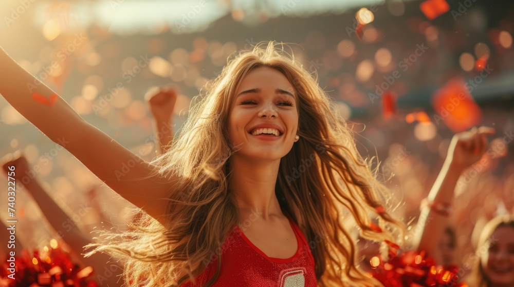 A young, smiling cheerleader with vibrant red pom-poms at a sporting event, exuding excitement and team spirit