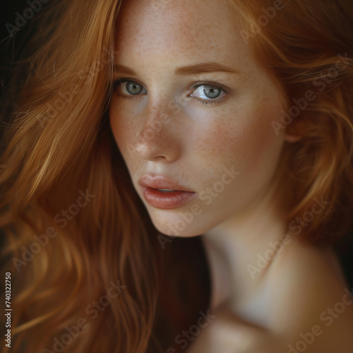 Close-up portrait of a beautiful red-haired girl with freckles on her face