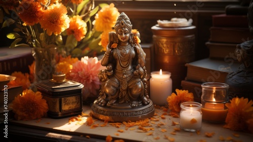 Statue of Hindu God Surrounded by Flowers