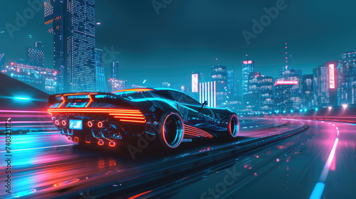 Futuristic racing car runs on highway at night, modern luxury auto drives on empty road. Shiny sports car with neon light moves on city street in future. Concept of speed, design