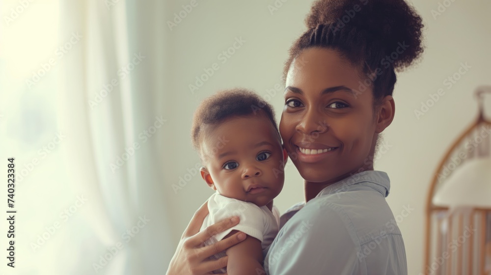 A radiant African mother with a heartwarming smile holding her adorable baby, with a cozy nursery room softly focused in the background.. A radiant African mother with a heartwarming smile holding her adorable baby, with a cozy nursery room softly focused in the background..