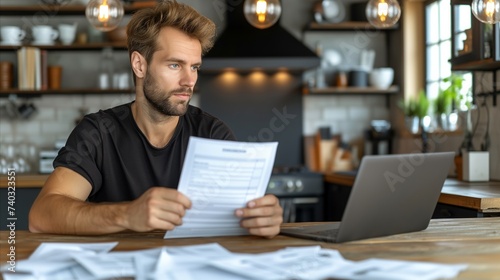 Focused young man reviewing documents at kitchen table with laptop