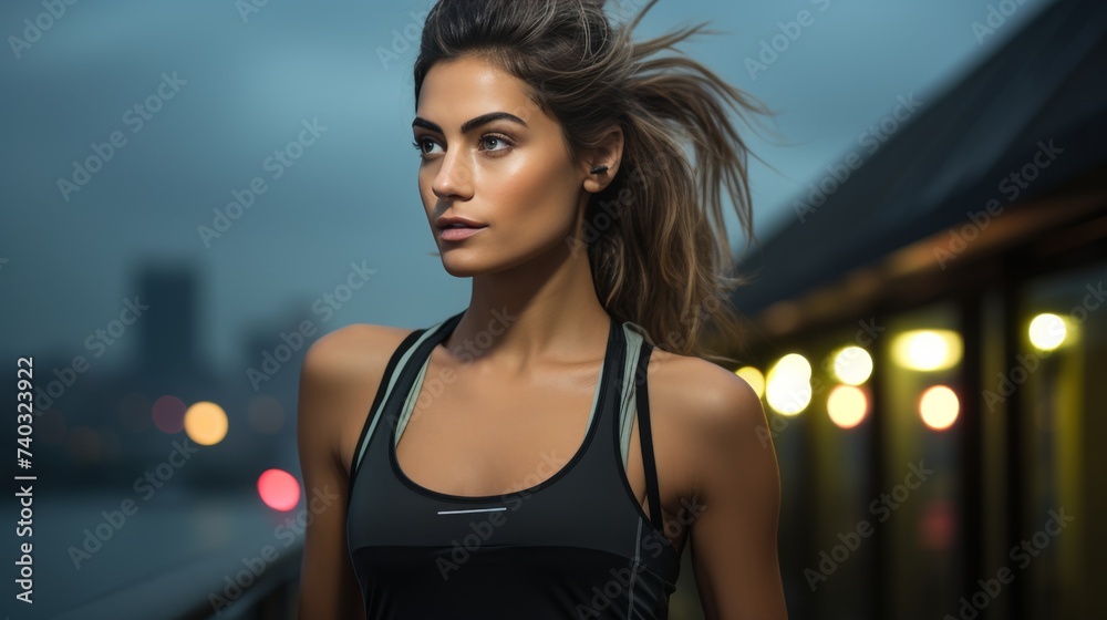 Woman With Headphones Standing in Gym