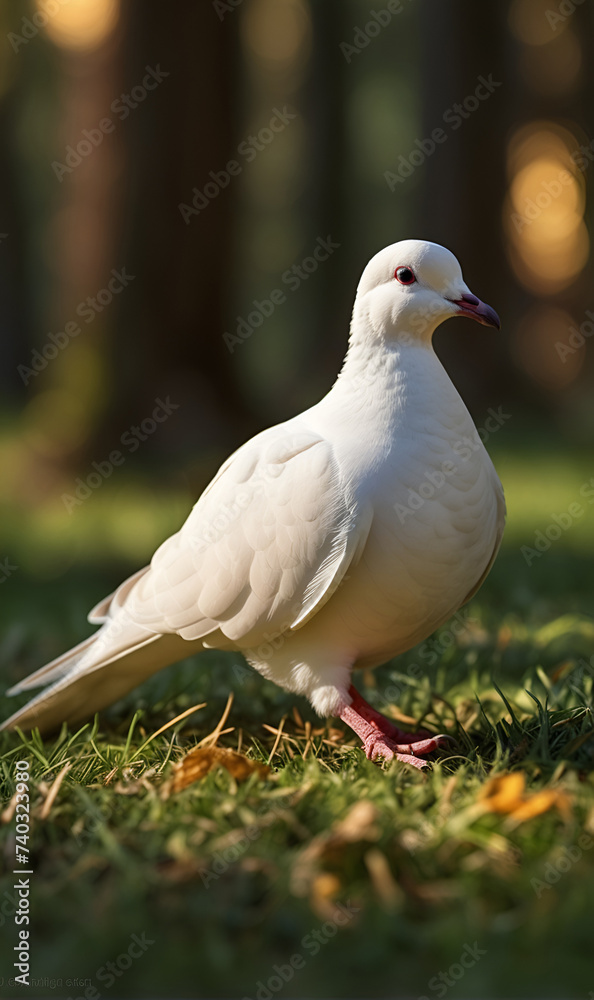 A lone pigeon, white in color, strolls across a forest lawn